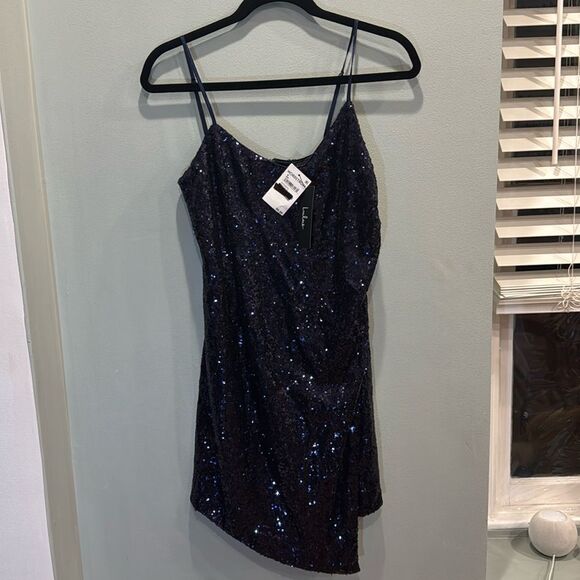 Women’s Lulus Navy Blue Disco All Over Sequin Bodycon Mini Dress W/ Split Medium - Picture 2 of 4